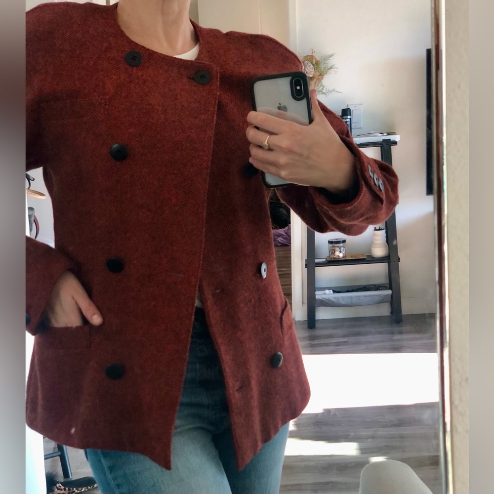 Vintage Red Black Tweed Jacket Blazer Cardigan Double Breasted by Escada 34 XS
